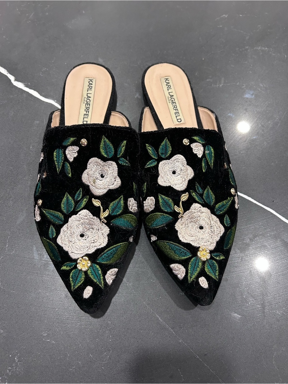 Karl Lagerfeld Black Velvet Floral Embroidered Pointed Toe Mules Vintage Chic